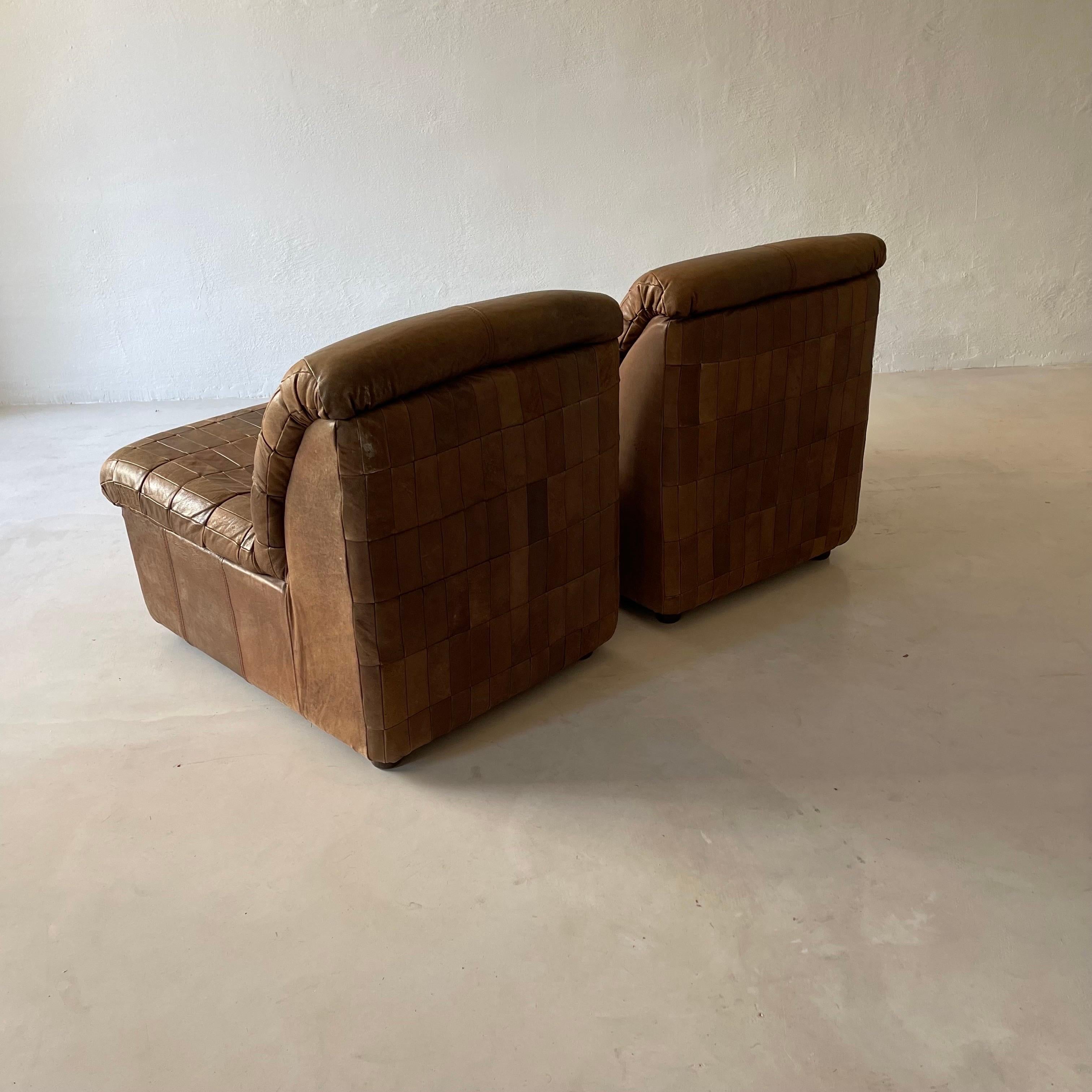 Late 20th Century De Sede Style Patchwork Lounge Chairs Pair in Cognac Leather, 1970s