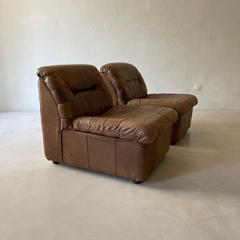 De Sede Style Patchwork Lounge Chairs Pair in Cognac Leather, 1970s For Sale 1