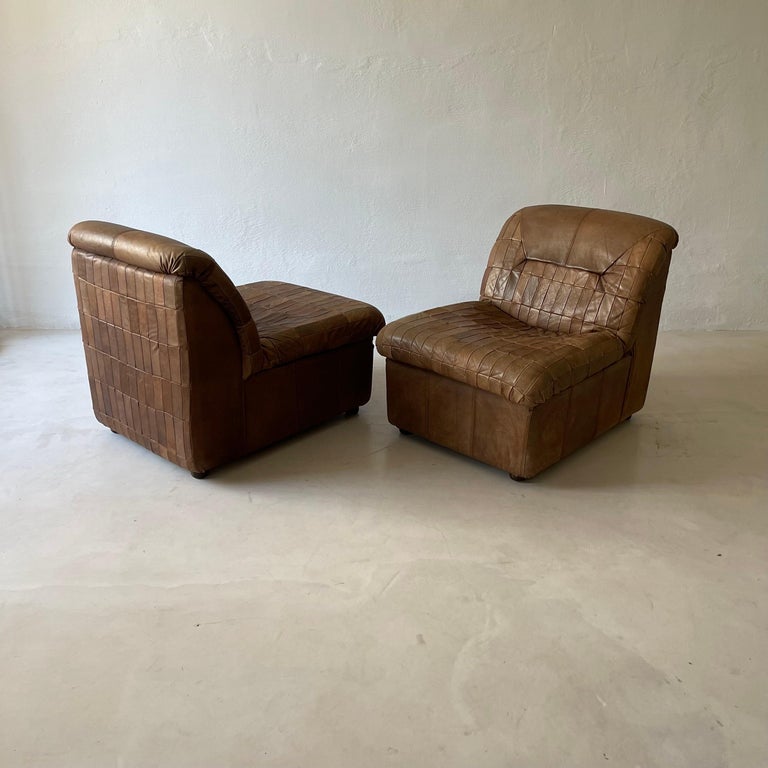 De Sede Style Patchwork Lounge Chairs Pair in Cognac Leather, 1970s For Sale 2