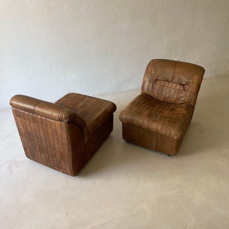 De Sede Style Patchwork Lounge Chairs Pair in Cognac Leather, 1970s For Sale 3