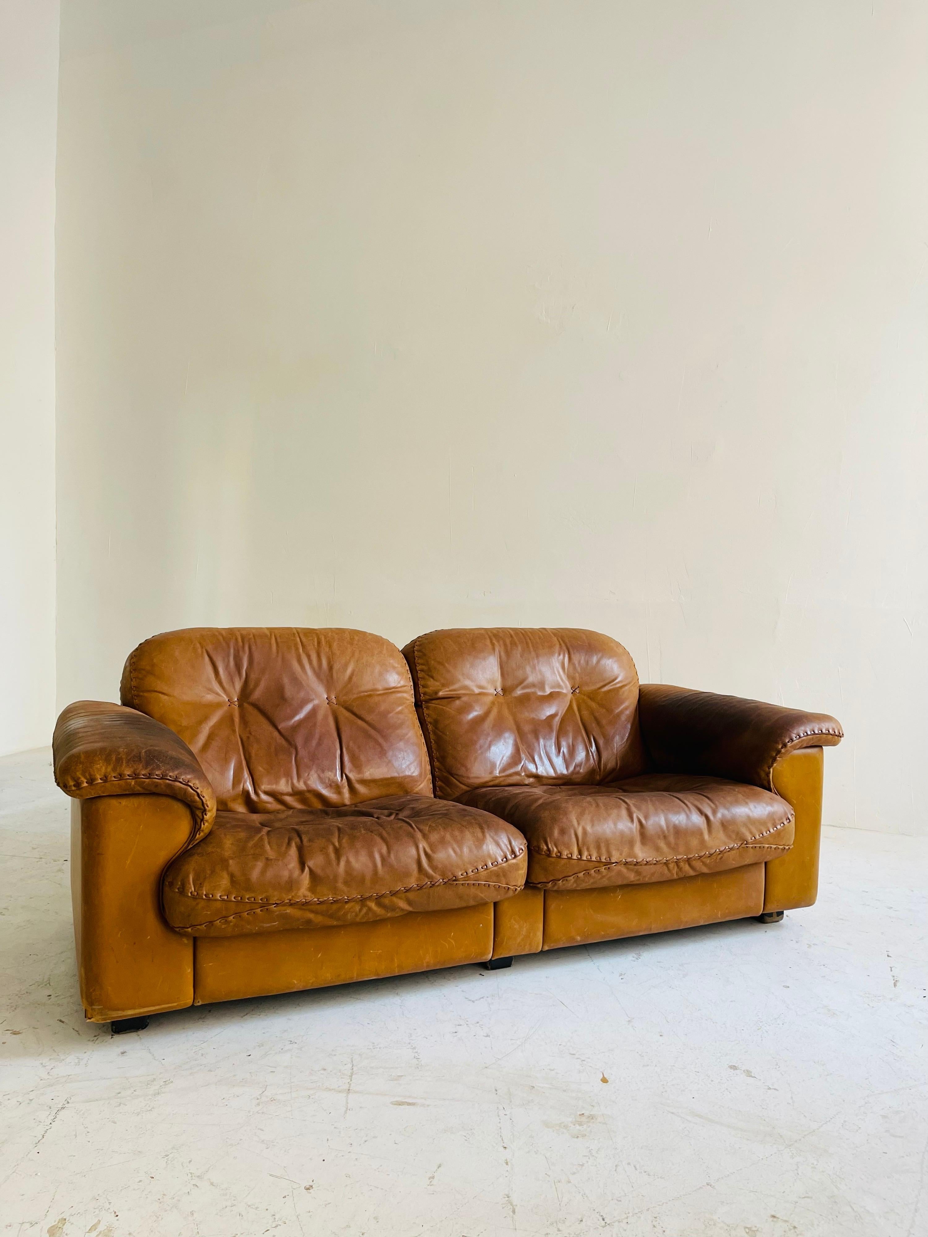 De Sede Patinated Cognac leather love seat Model DS 101, Swiss 1960s.
