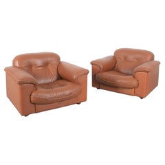 Fauteuils de salon inclinables en cuir marron De Sede  Avec pouf DS 101, 1969
