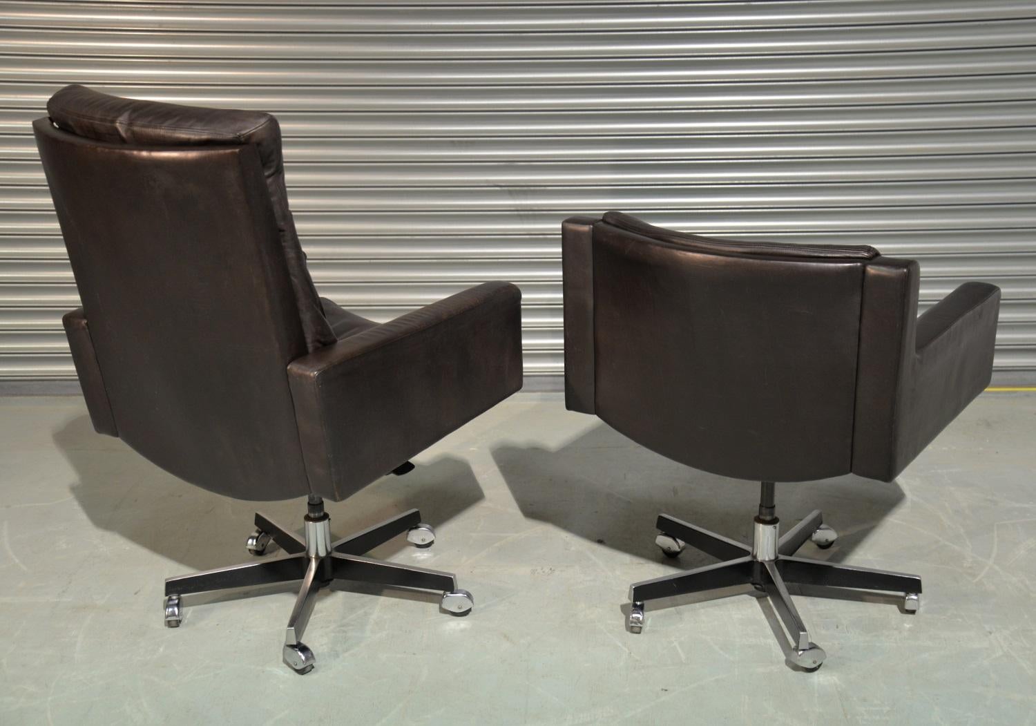 Leather De Sede RH 201 Executive Swivel Armchairs on Castors by Robert Haussmann, 1957