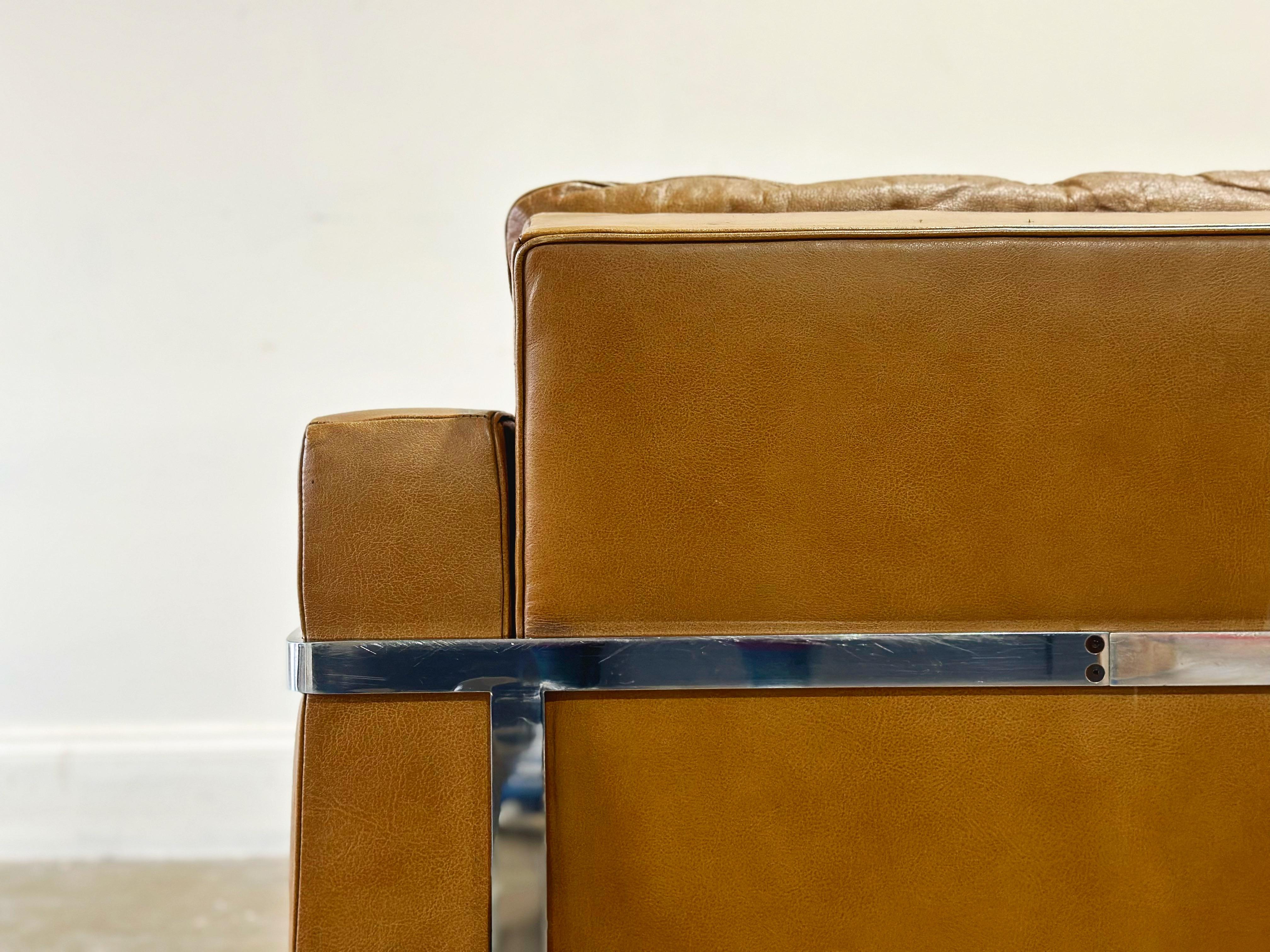 Swiss De Sede Robert Haussmann Model RH 302 Lounge Arm Chair, Leather + Chrome For Sale