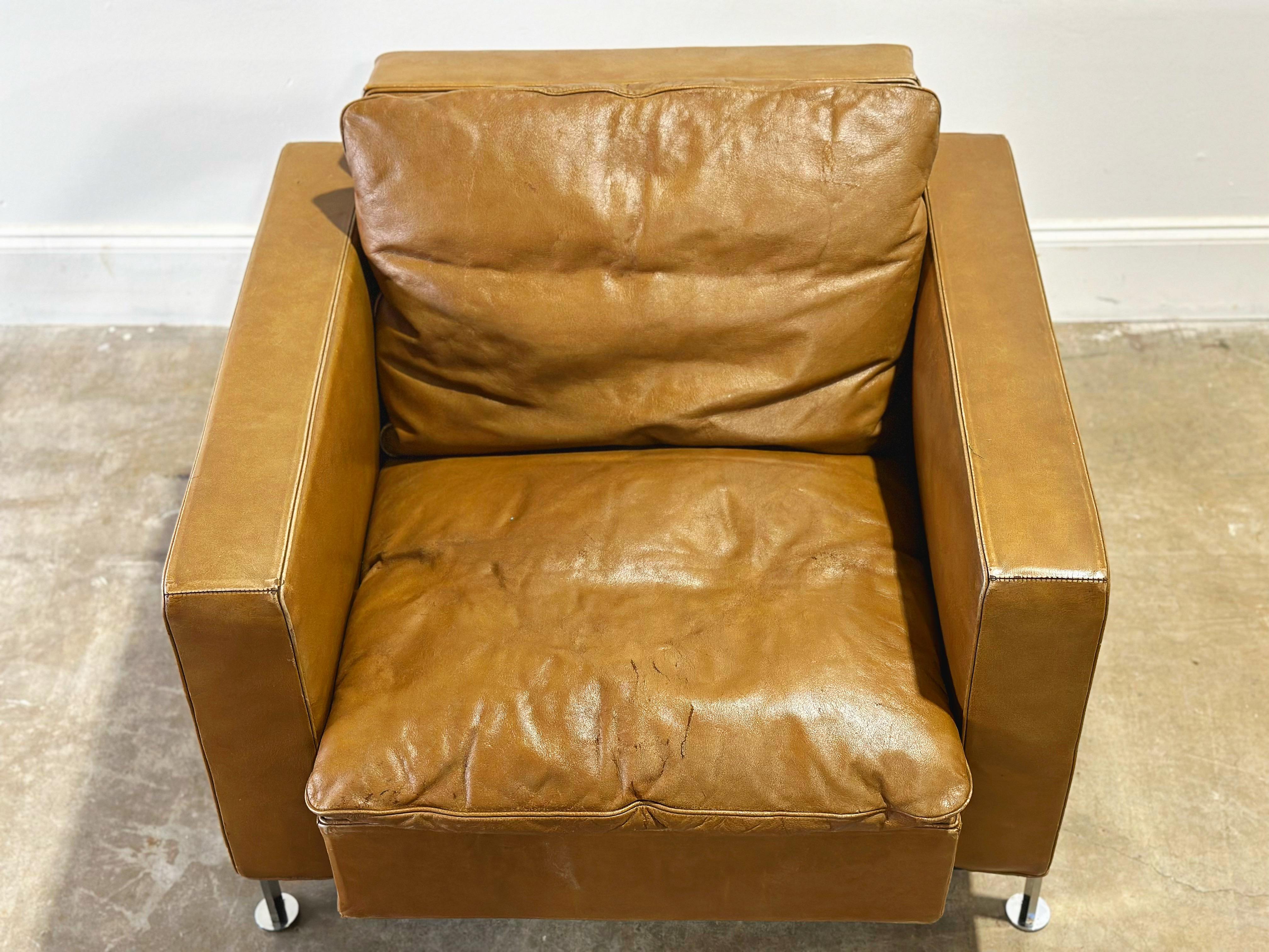 Steel De Sede Robert Haussmann Model RH 302 Lounge Arm Chair, Leather + Chrome For Sale