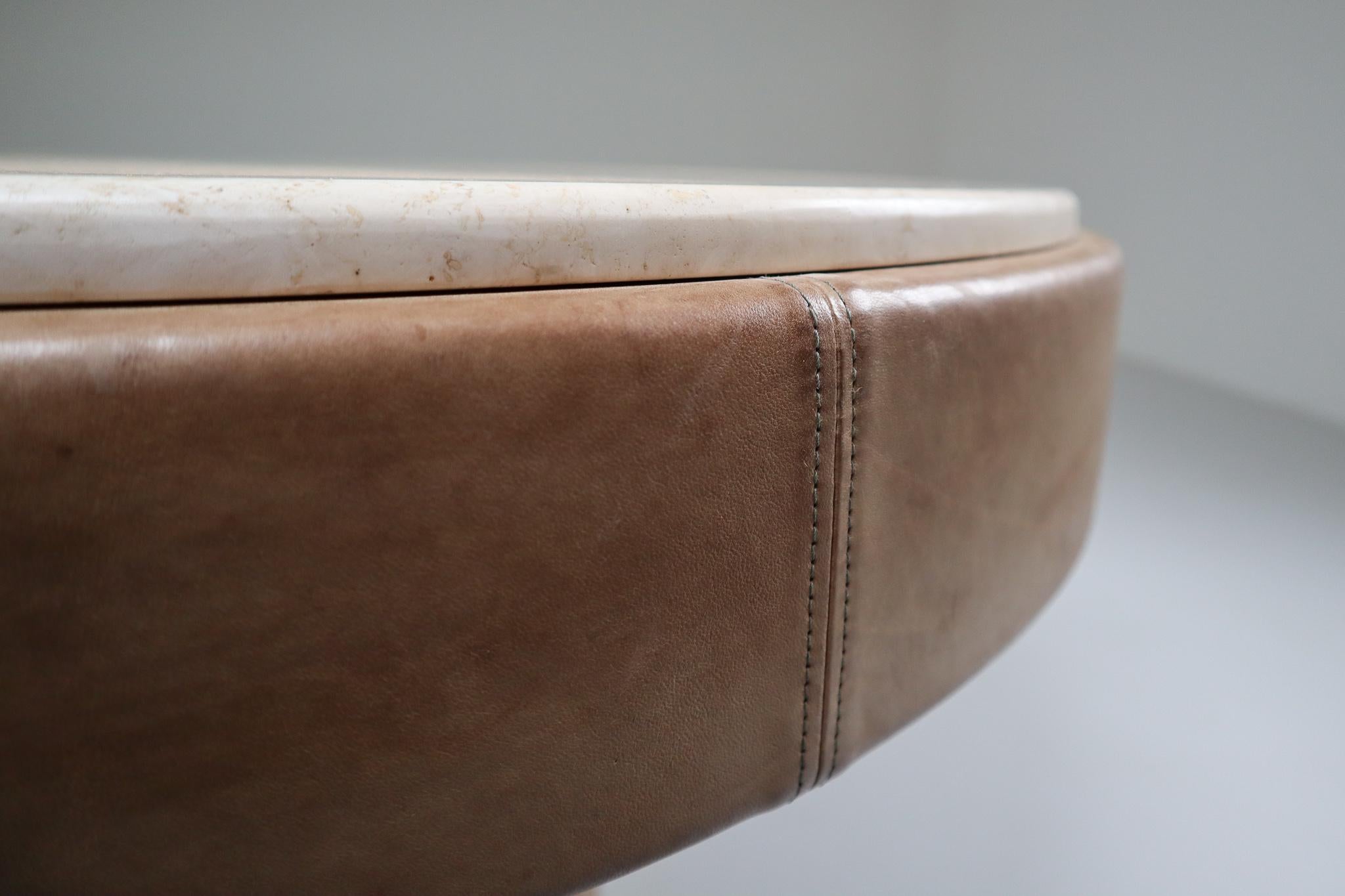 Modern De Sede Round Coffee Table with Cognac Leather and Soft Tone Marble Top, 1970s 