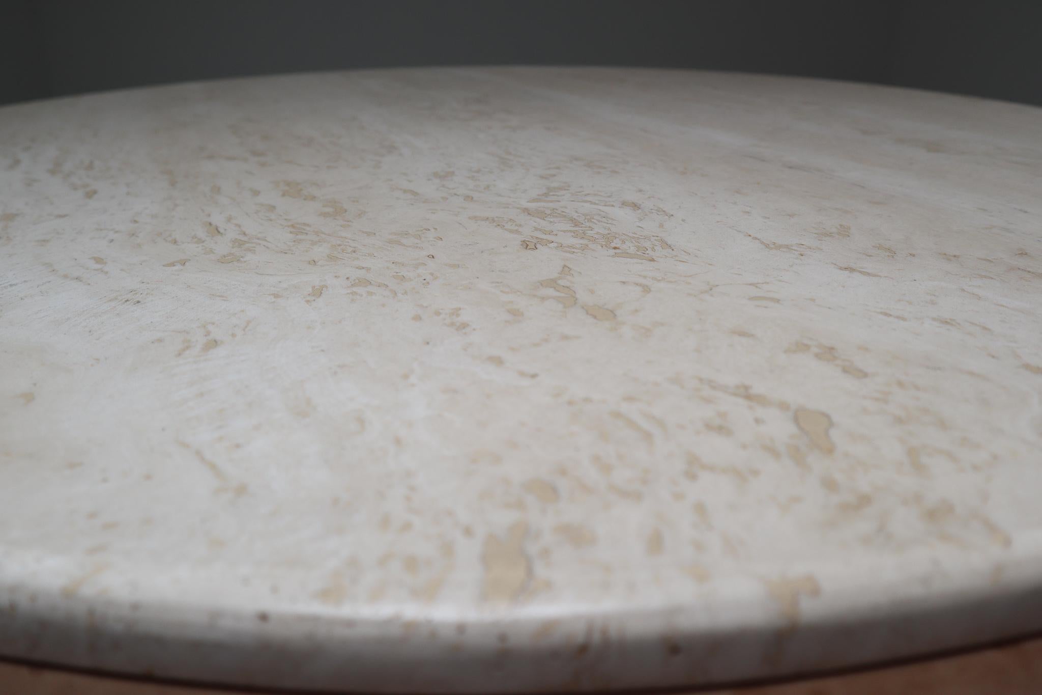 Swiss De Sede Round Coffee Table with Cognac Leather and Soft Tone Marble Top, 1970s 