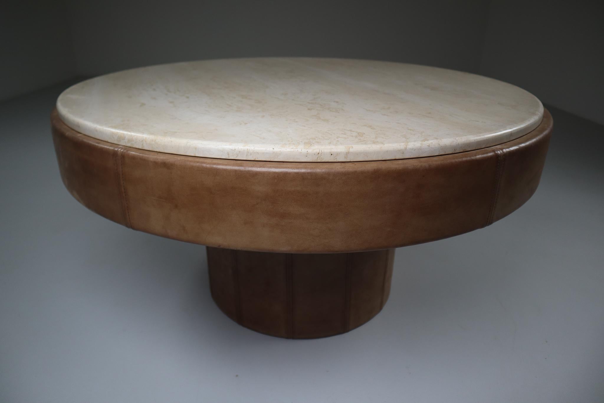 De Sede Round Coffee Table with Cognac Leather and Soft Tone Marble Top, 1970s  1