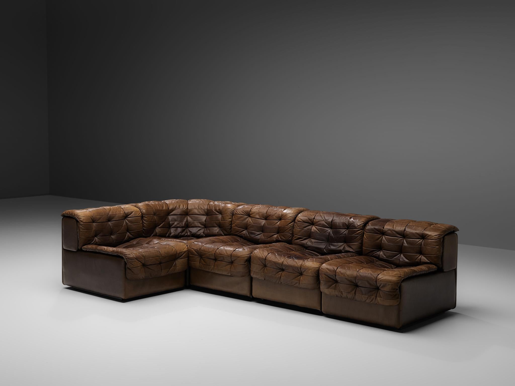 Mid-Century Modern De Sede Sectional Sofa in Tufted Brown Leather