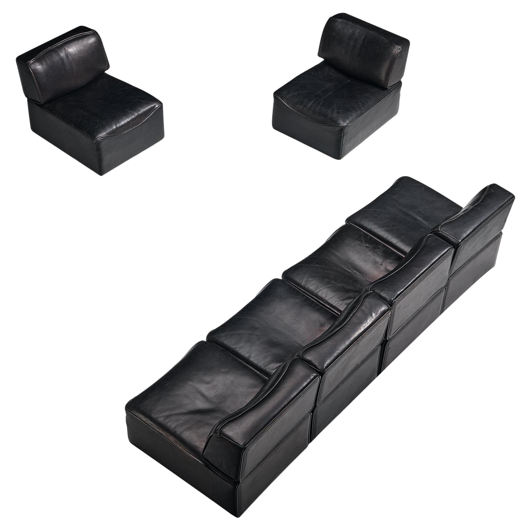 Canapé sectionnel De Sede modèle 'DS-15' en cuir noir patiné en vente
