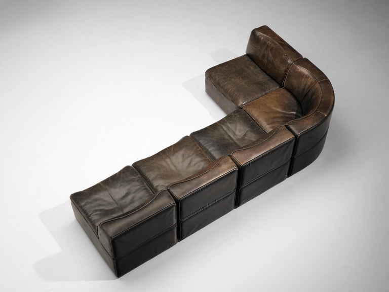 De Sede Sectional Sofa Model 'DS15' in Patinated Brown Buffalo Leather