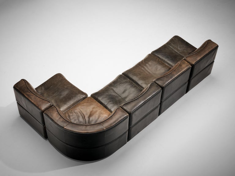 De Sede Sectional Sofa Model 'DS15' in Patinated Brown Buffalo Leather