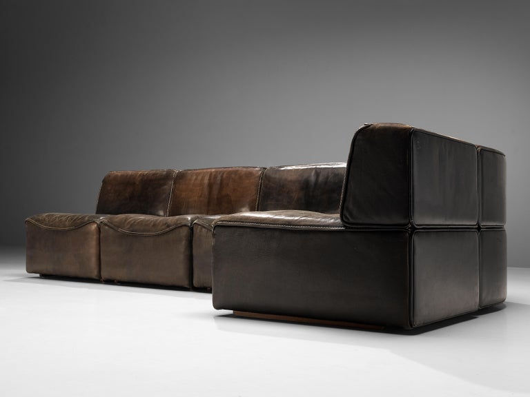 De Sede Sectional Sofa Model 'DS15' in Patinated Brown Buffalo Leather