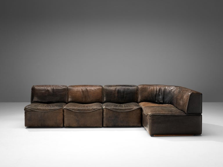 De Sede Sectional Sofa Model 'DS15' in Patinated Brown Buffalo Leather