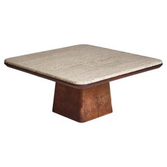 Large De Sede coffee Table in Travertine and Natural Leather, Switzerland, 1970s