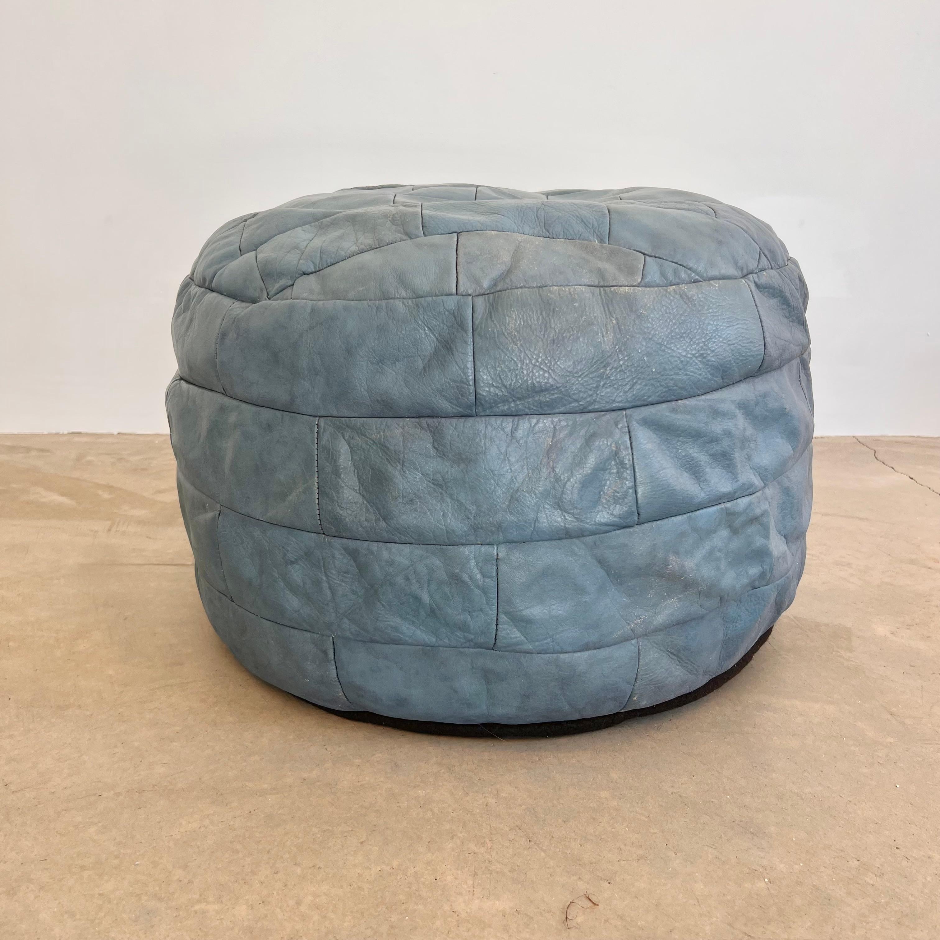 De Sede Slate Blue Leather Patchwork Ottoman, 1960s Switzerland In Good Condition For Sale In Los Angeles, CA