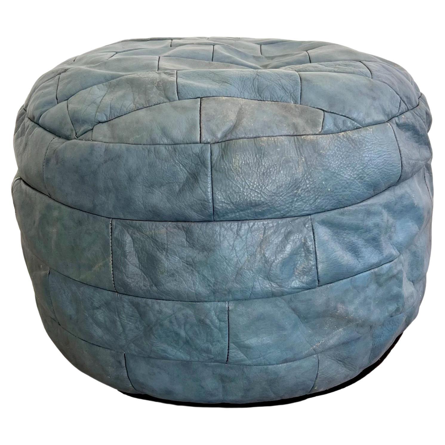 De Sede Slate Blue Leather Patchwork Ottoman, 1960s Switzerland For Sale