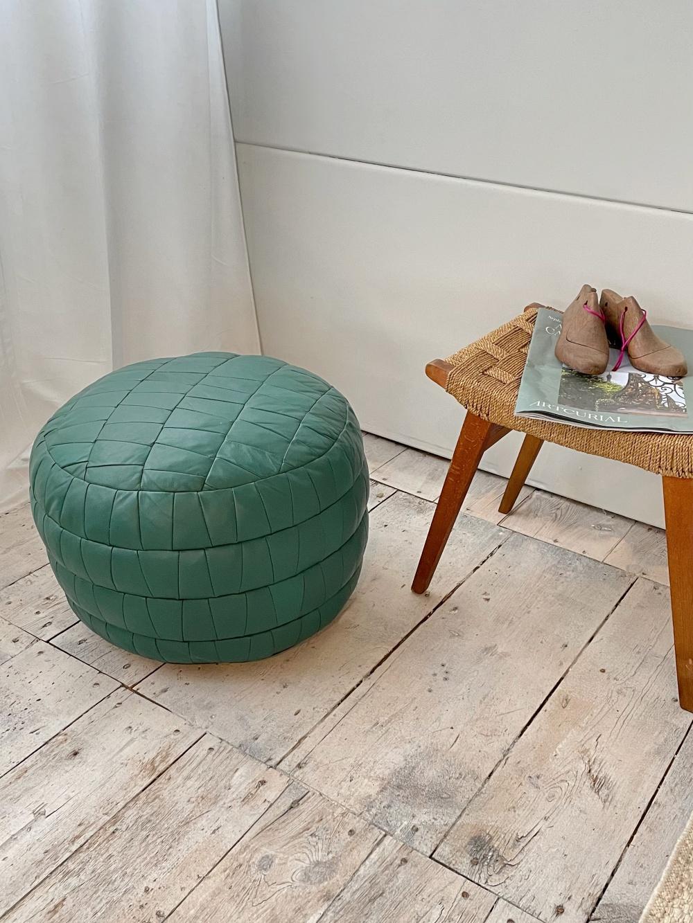 Mid-Century Modern De Sede Smaragd Green Patchwork Leather Pouf, Ottoman, DeSede Switzerland