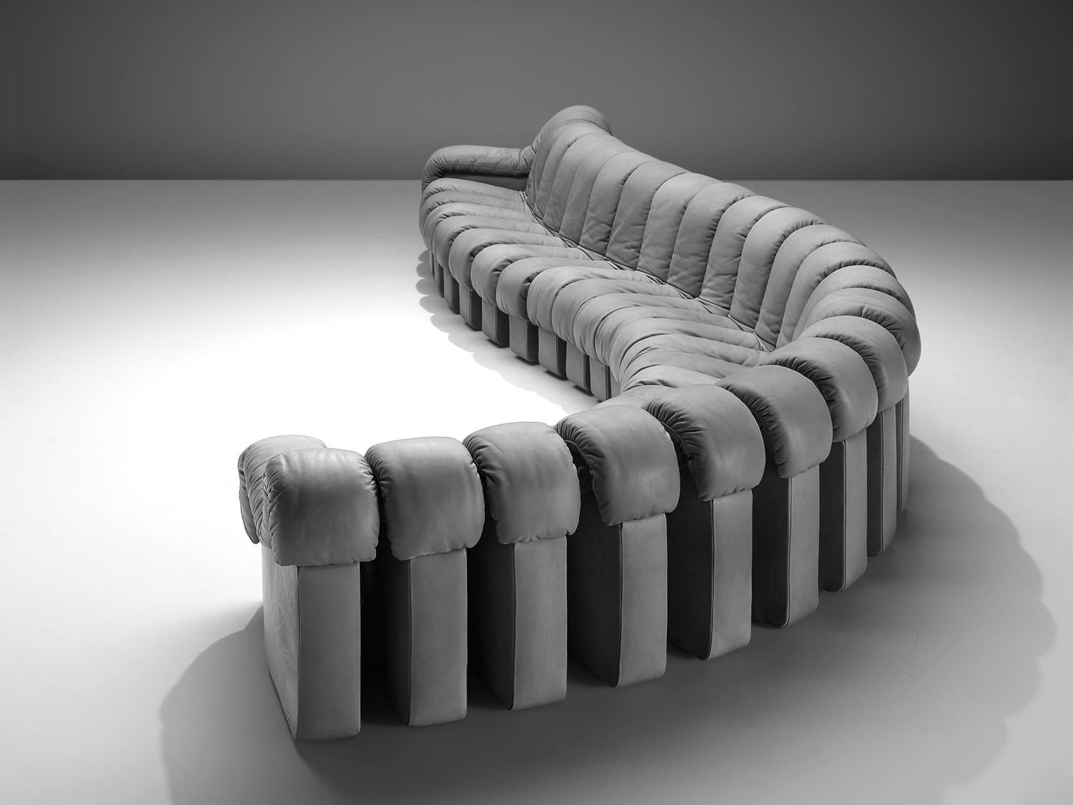 De Sede ‘Snake’ DS-600, in grey colored leather, Switzerland, 1972. 

De Sede 'Non Stop' sectional sofa containing twenty-four pieces in grey leather, of which 22 centre pieces and two higher armrests. Any number of pieces can be zipped together