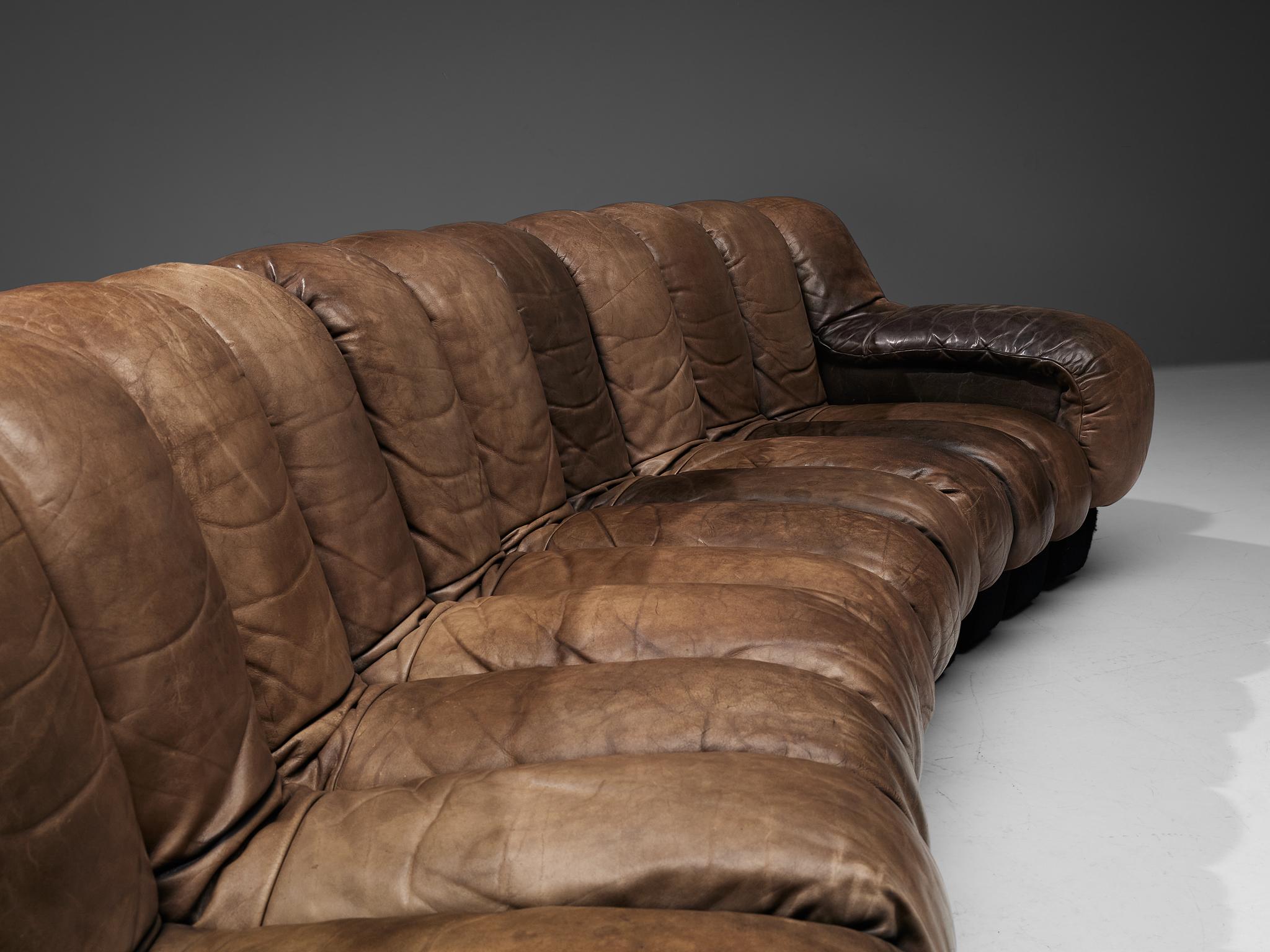De Sede DS-600 'Snake' Sectional Sofa in Patinated Dark Brown Leather 1
