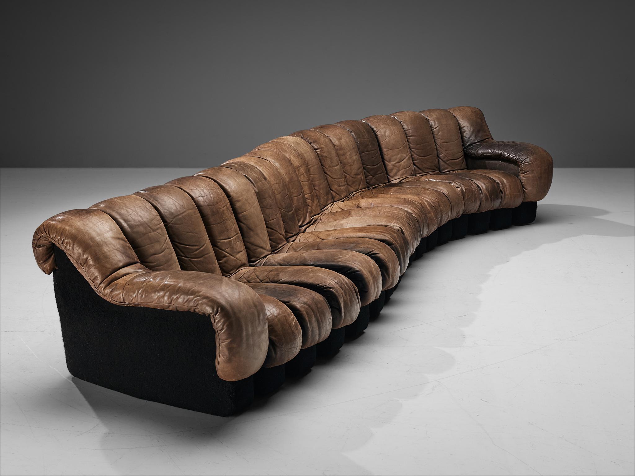 Swiss De Sede DS-600 'Snake' Sectional Sofa in Patinated Dark Brown Leather