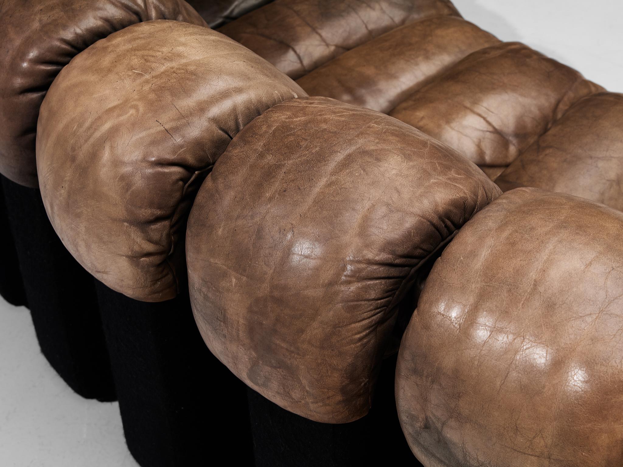 De Sede DS-600 'Snake' Sectional Sofa in Patinated Dark Brown Leather In Good Condition In Waalwijk, NL