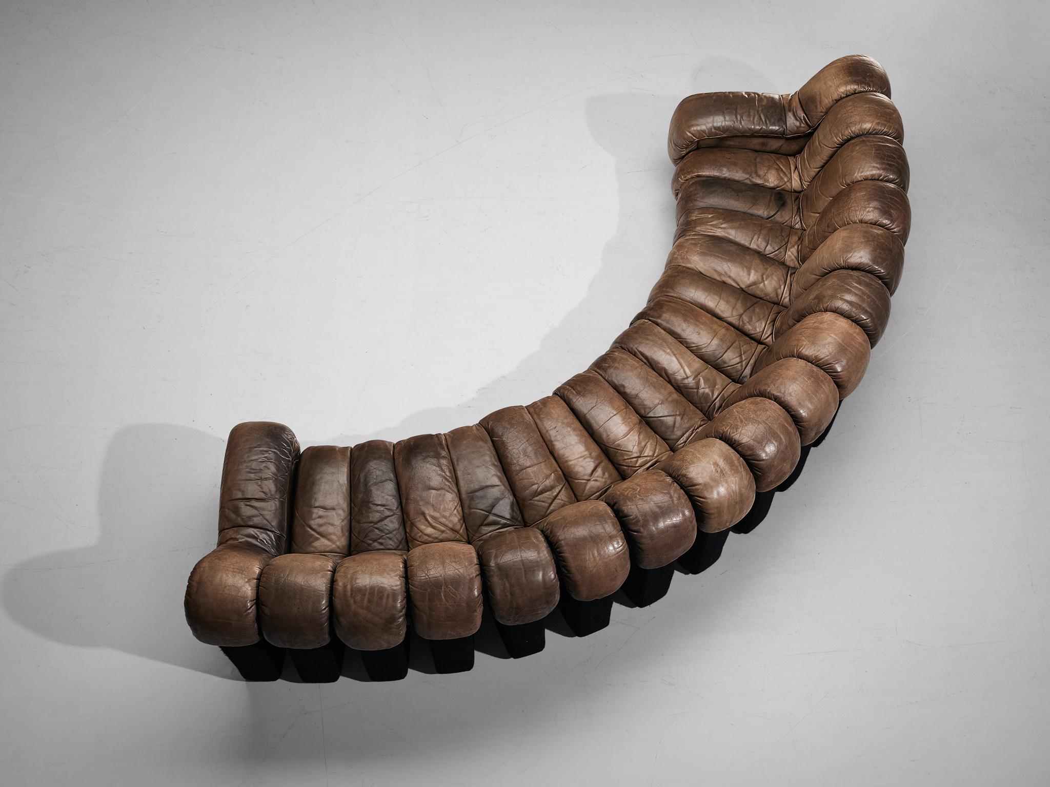 Late 20th Century De Sede DS-600 'Snake' Sectional Sofa in Patinated Dark Brown Leather