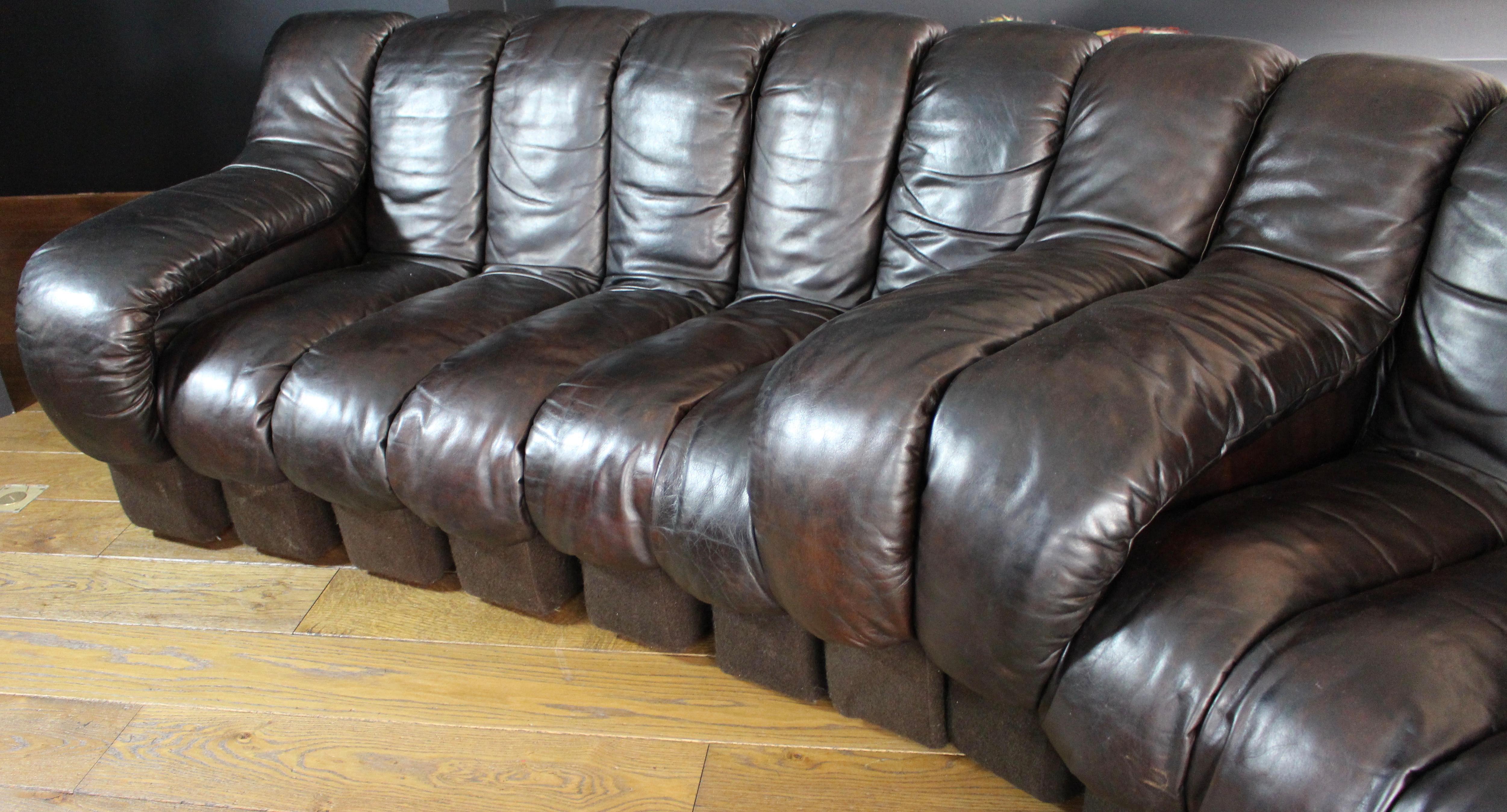 Leather Modular De Sede Sofa Model 'Snake DS 600', dark brown leather, 1970s For Sale