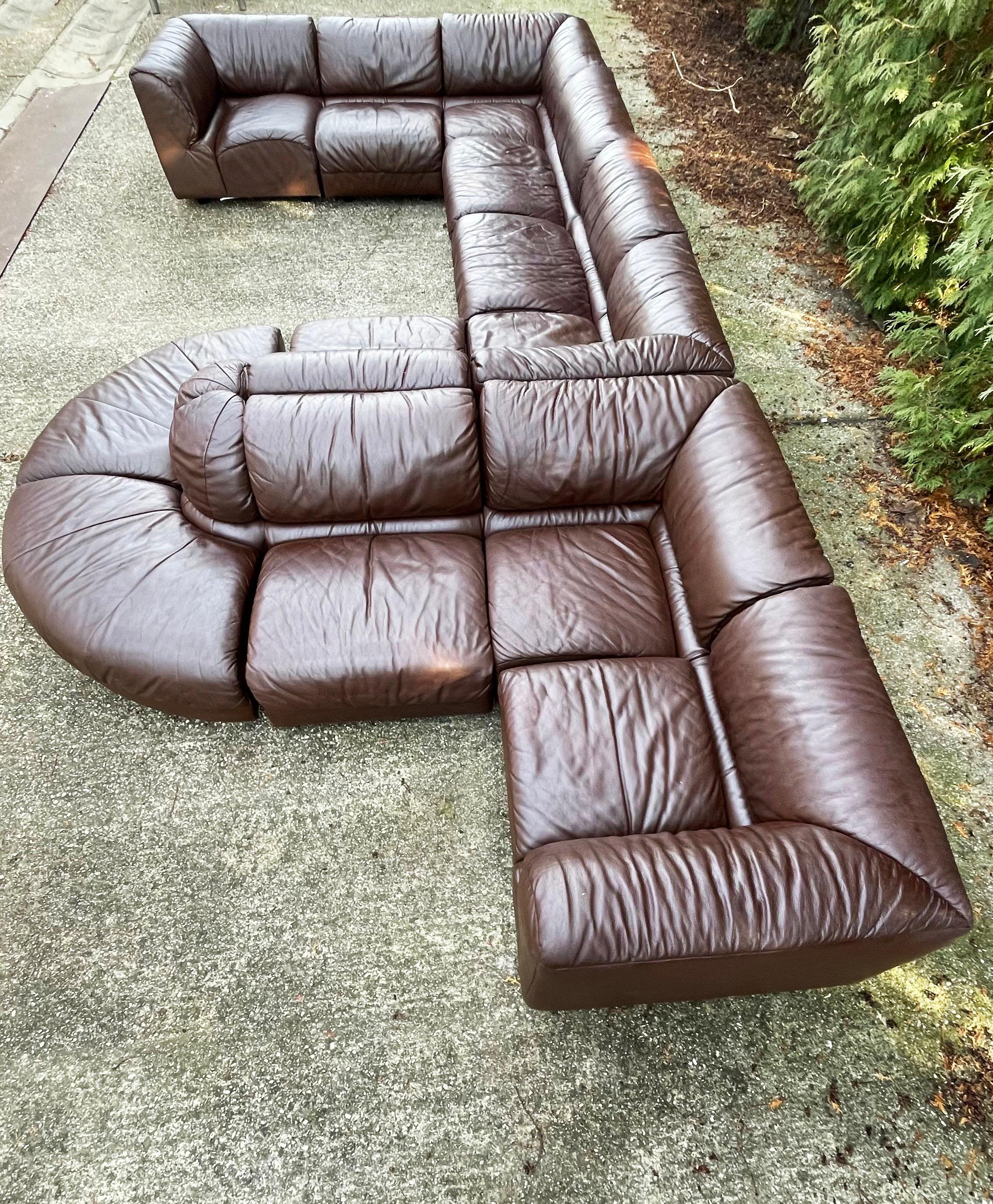 Mid-Century Modern De Sede Style 1970s Sectional Brown Leather Sofa by Laauser, 12 Modular Sections