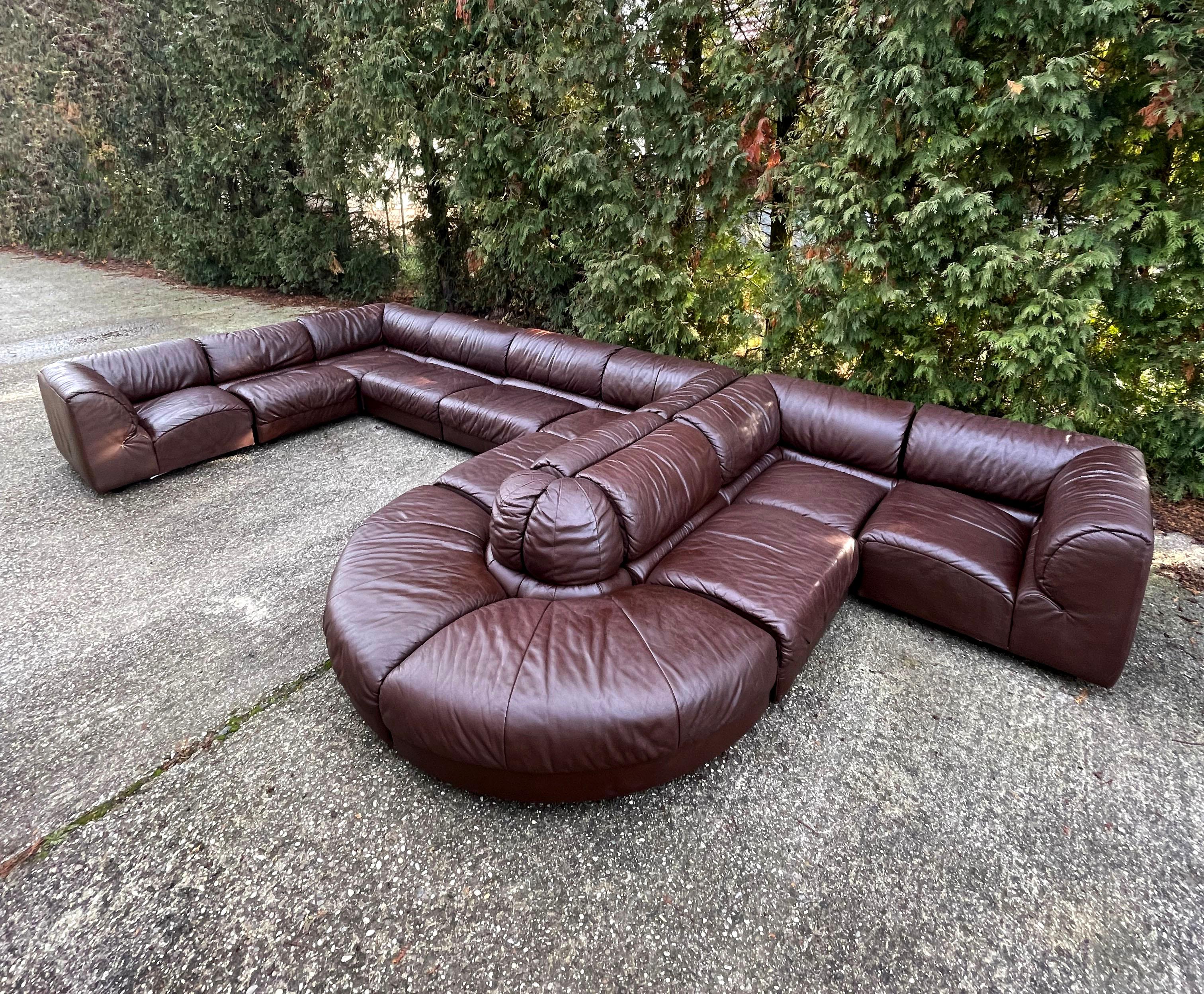 Late 20th Century De Sede Style 1970s Sectional Brown Leather Sofa by Laauser, 12 Modular Sections