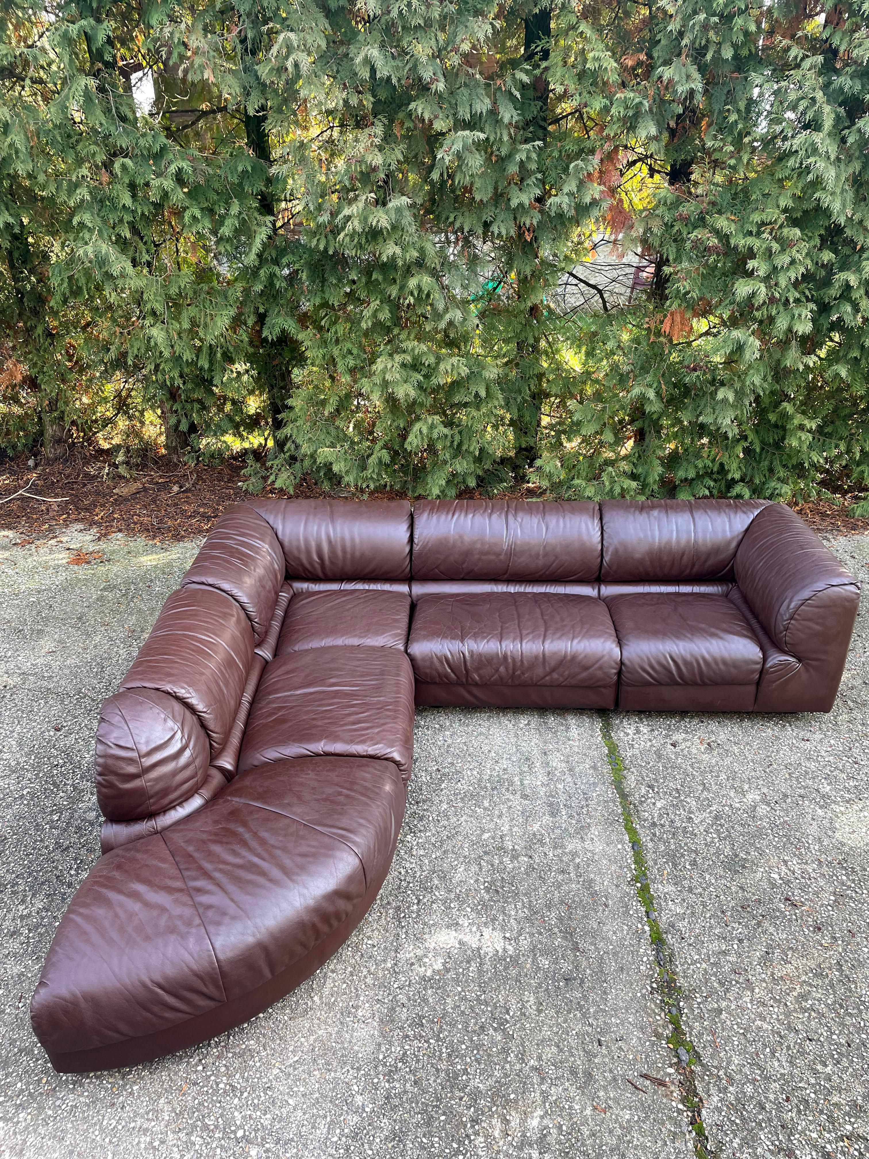 European De Sede Style 1970s Sectional Brown Leather Sofa by Laauser, 5 Modular Sections