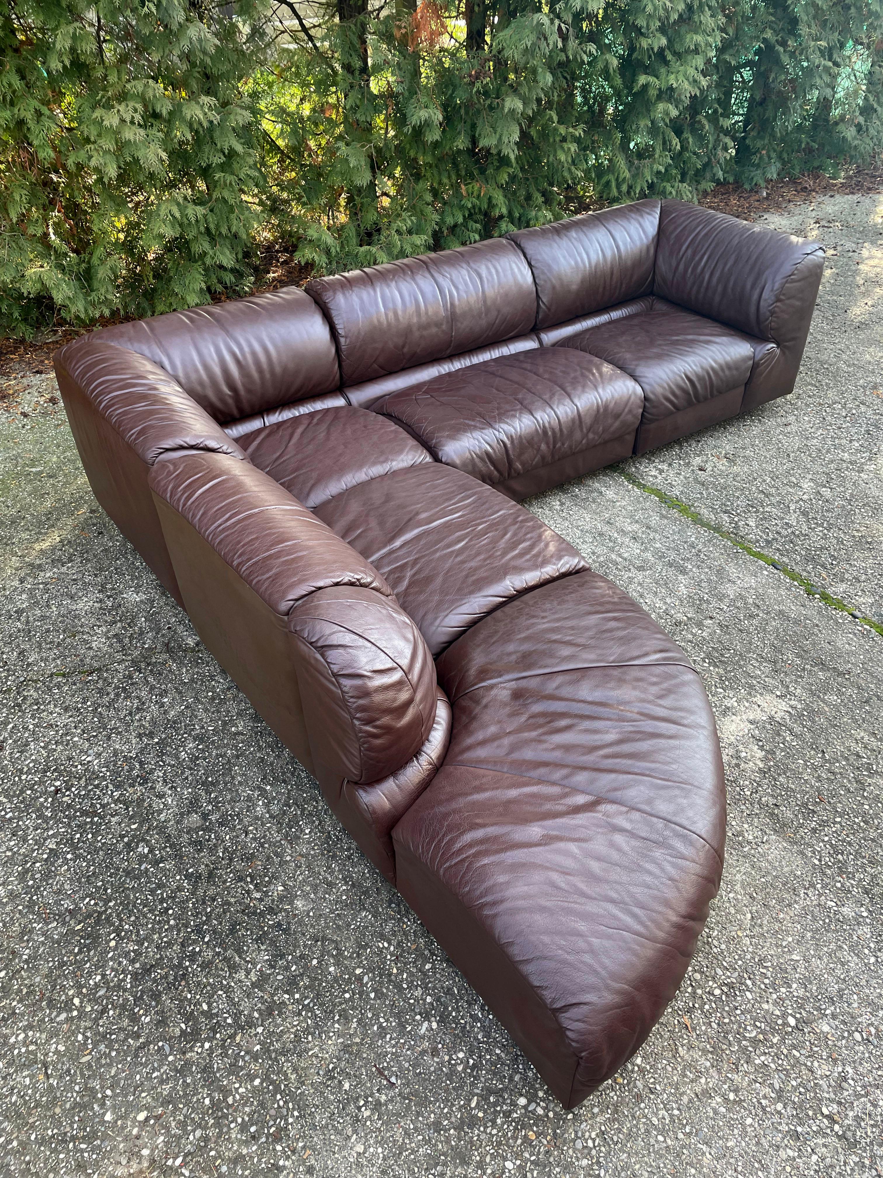 20th Century De Sede Style 1970s Sectional Brown Leather Sofa by Laauser, 5 Modular Sections