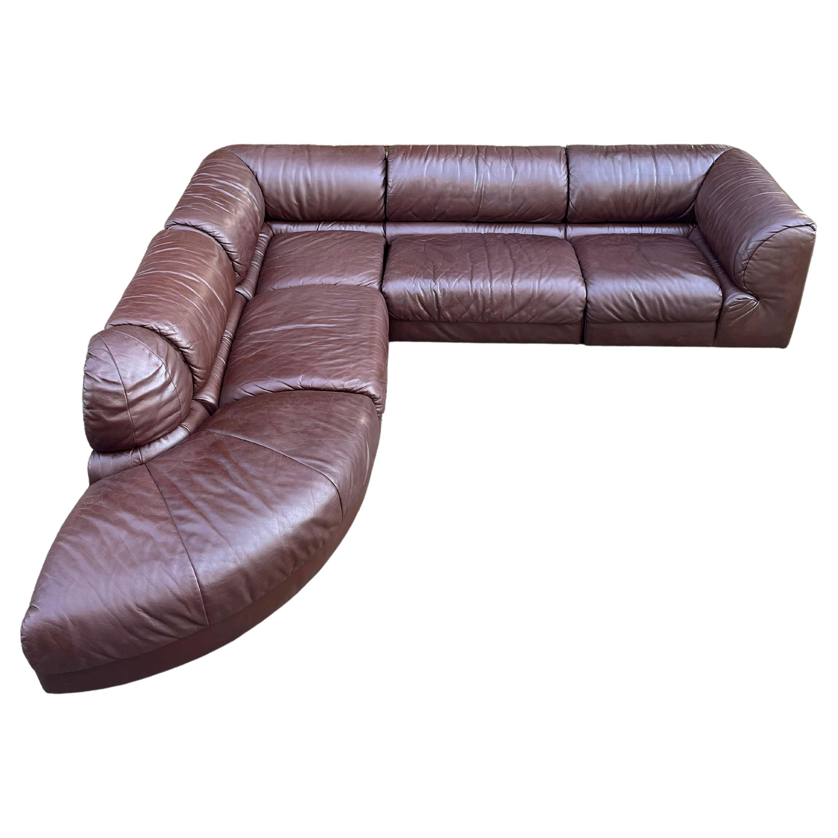 De Sede Style 1970s Sectional Brown Leather Sofa by Laauser, 5 Modular Sections