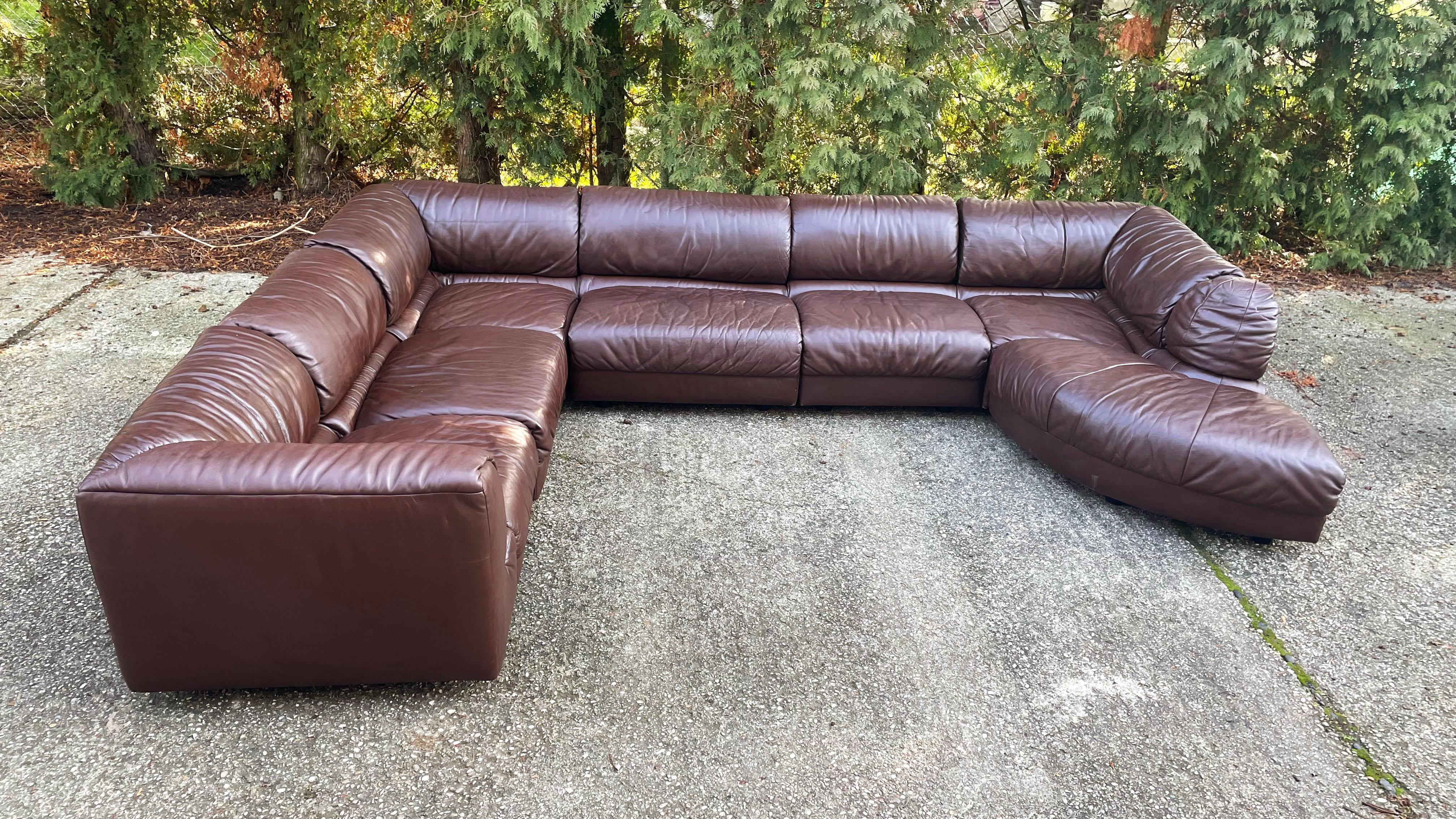 Mid-Century Modern De Sede Style 1970s Sectional Brown Leather Sofa by Laauser, 7 Modular Sections