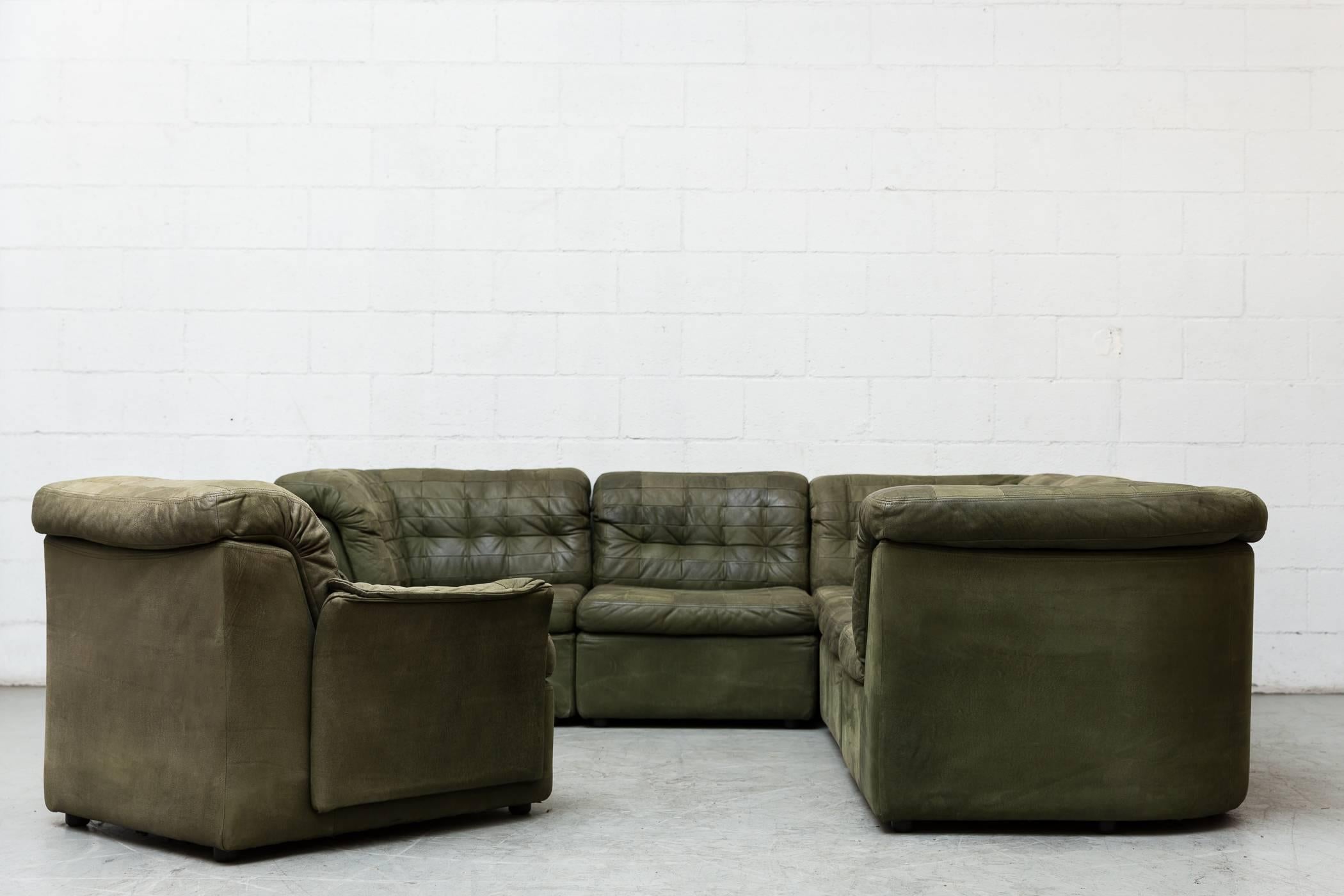 Mid-Century Modern De Sede Style Green Patchwork Sofa Set and Armchair