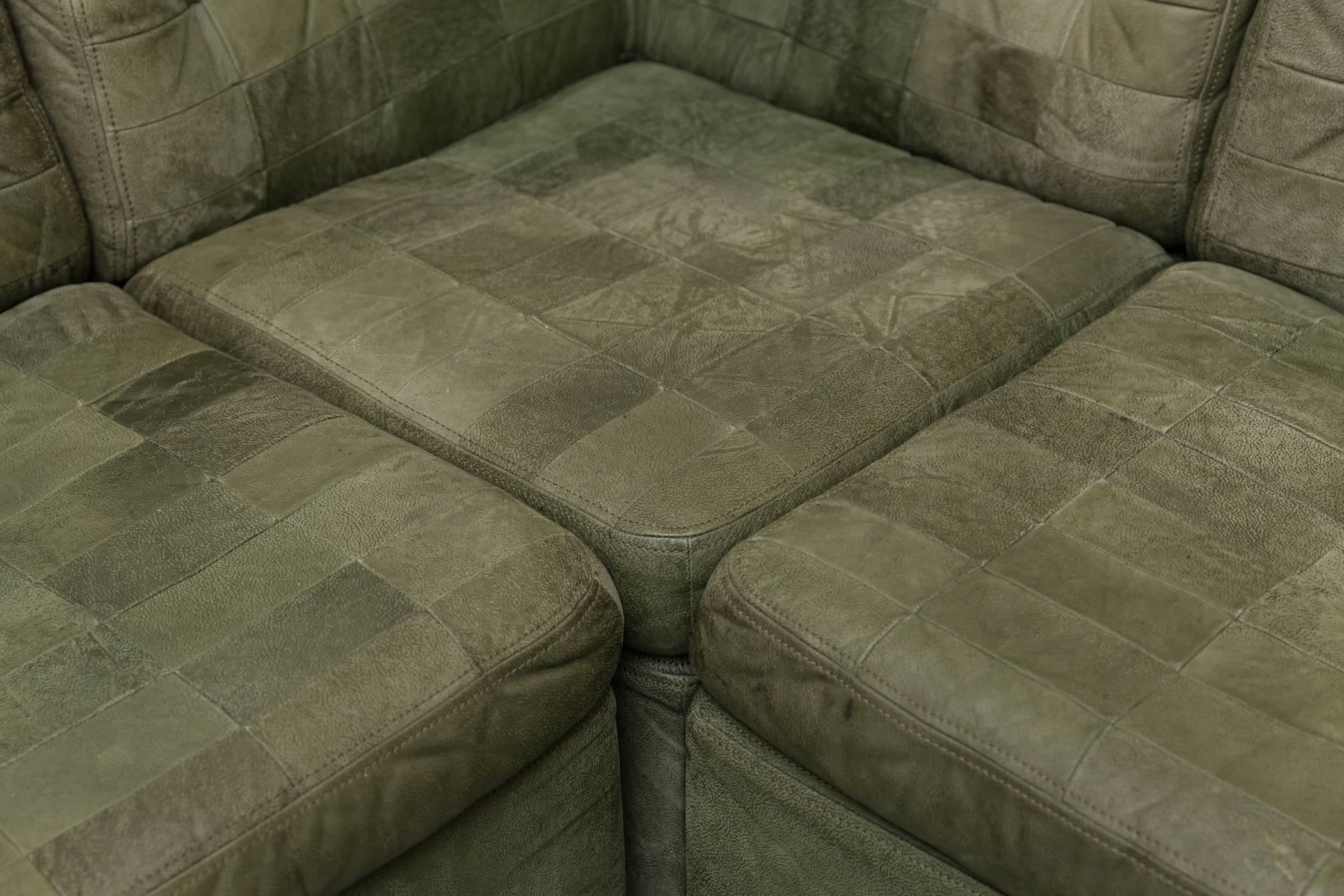 Mid-20th Century De Sede Style Green Patchwork Sofa Set and Armchair