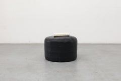 De Sede Style Navy Blue Patchwork Leather Round Ottoman
