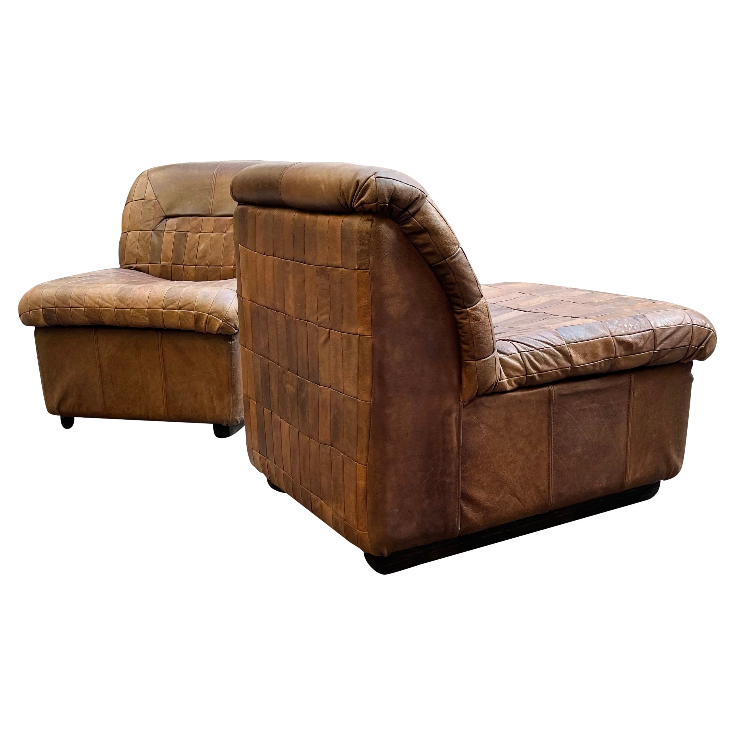 De Sede Style Patchwork Leather Lounge Chairs Set of Two For Sale
