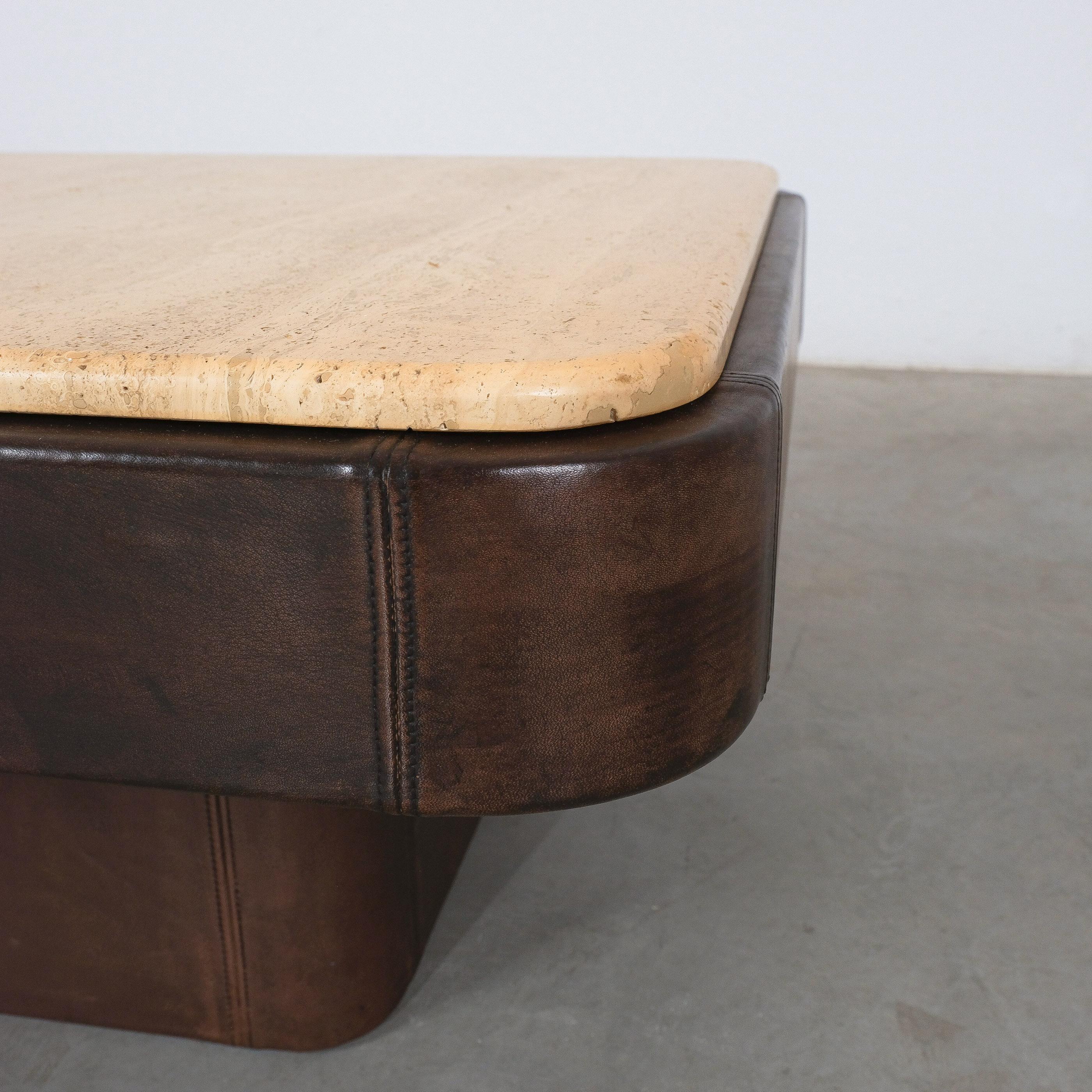 Swiss De Sede Table DS 47 Square Table Leather Travertine Stone, Circa 1970 For Sale
