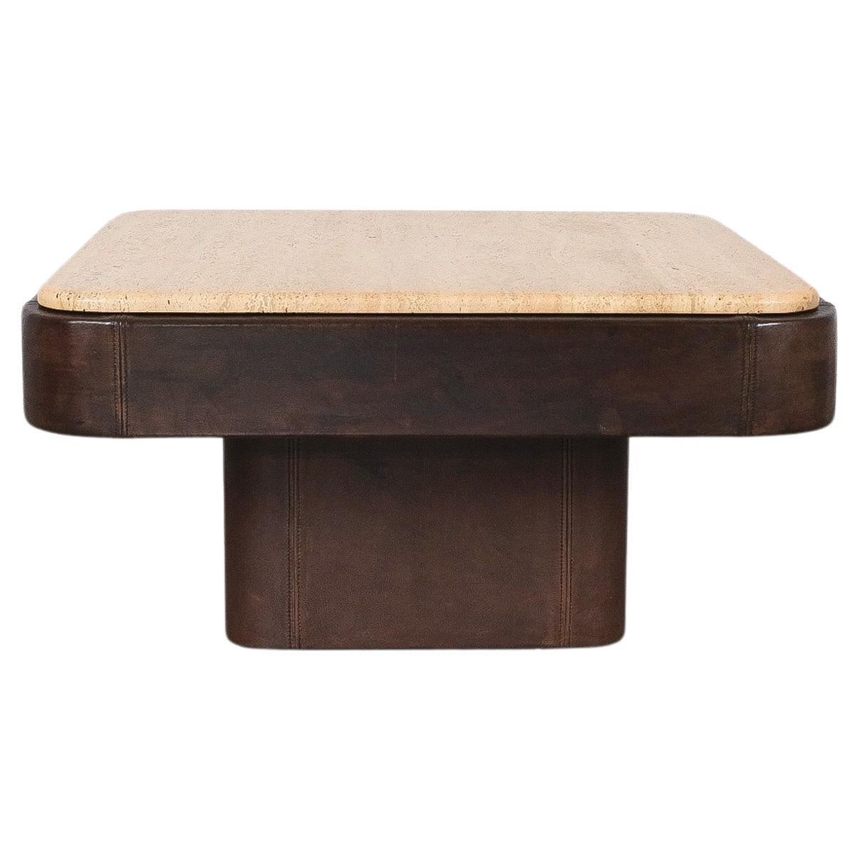 De Sede Table DS 47 Square Table Leather Travertine Stone, Circa 1970 For Sale