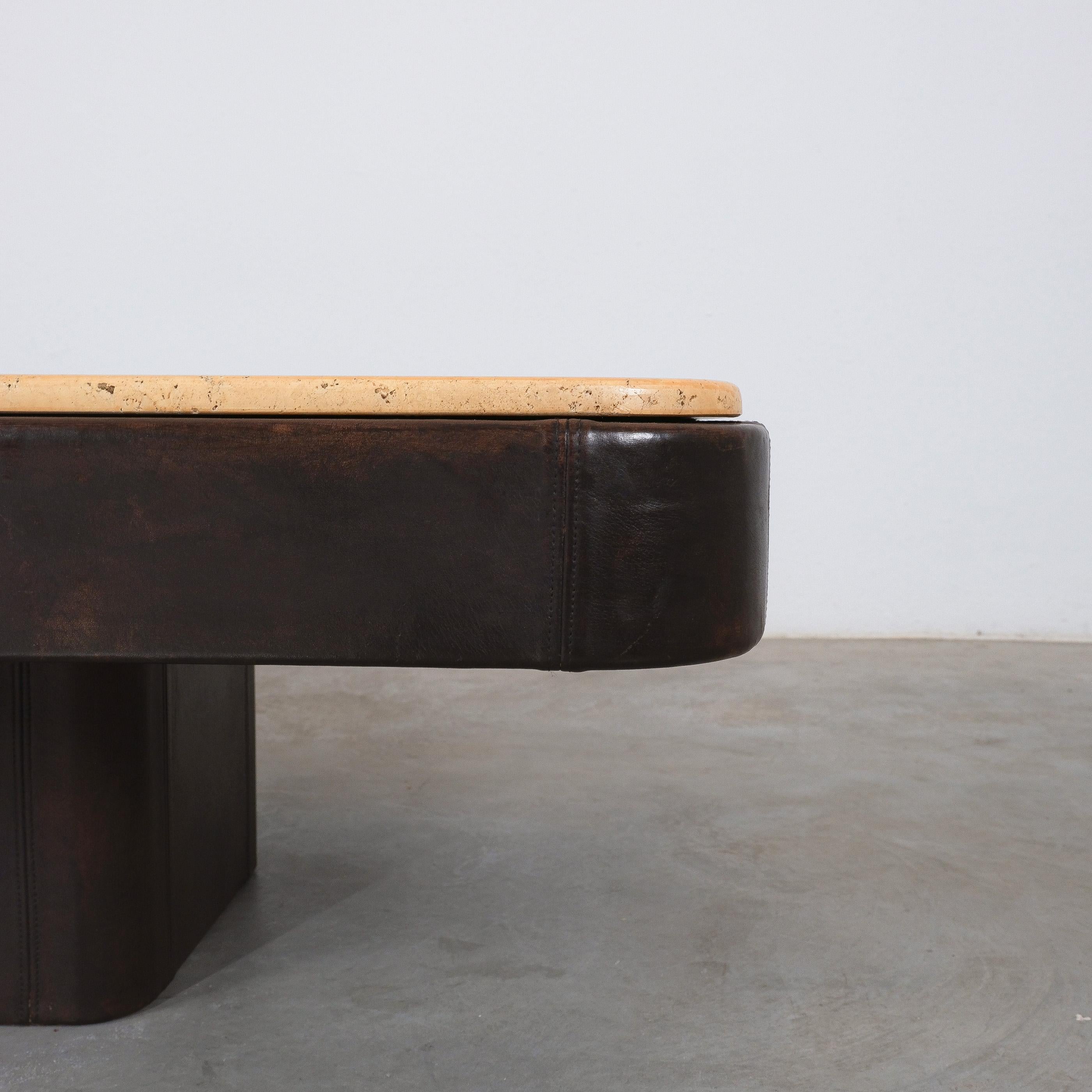 Swiss De Sede Table DS 47 Table Leather Travertine Stone, Circa 1970 For Sale