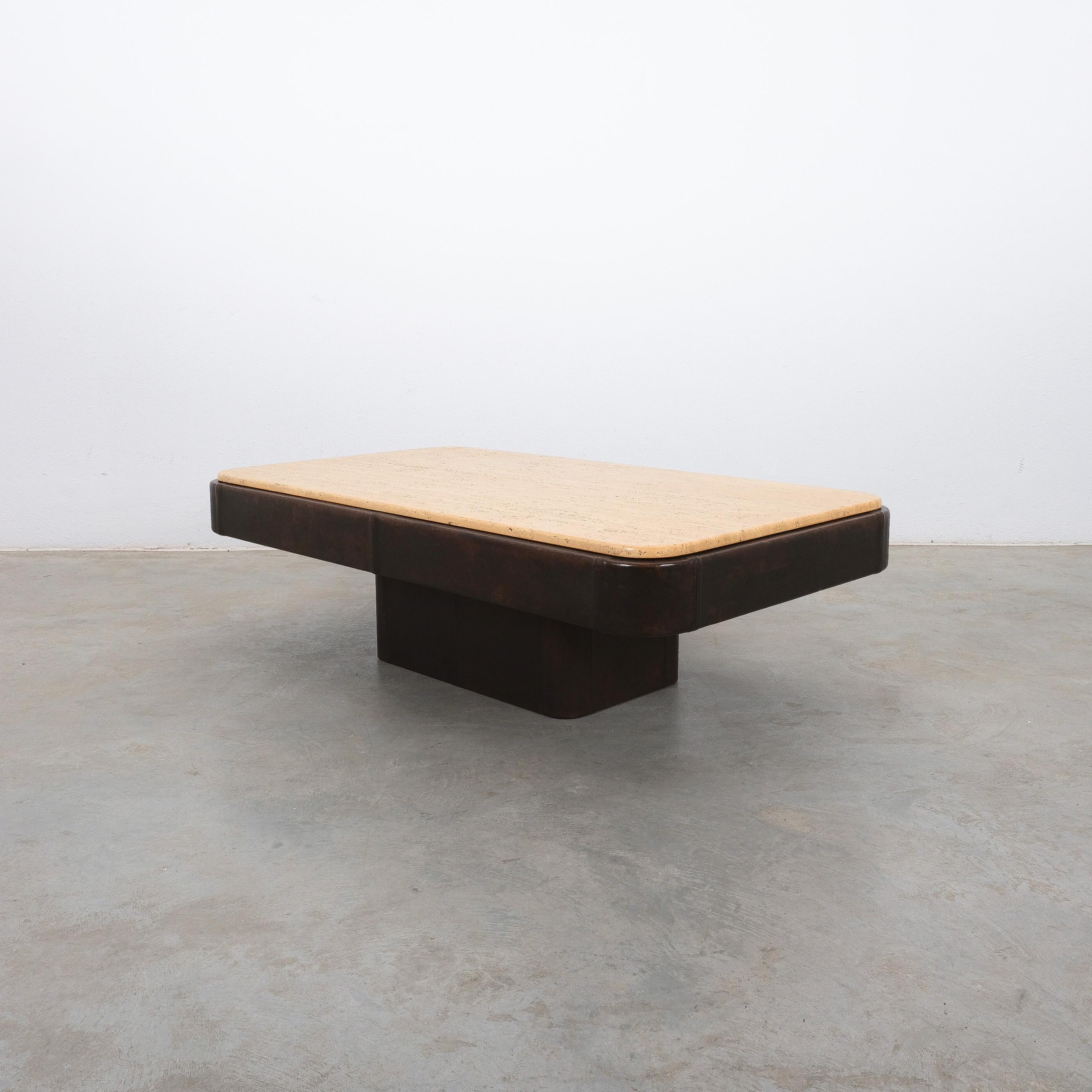 Late 20th Century De Sede Table DS 47 Table Leather Travertine Stone, Circa 1970 For Sale