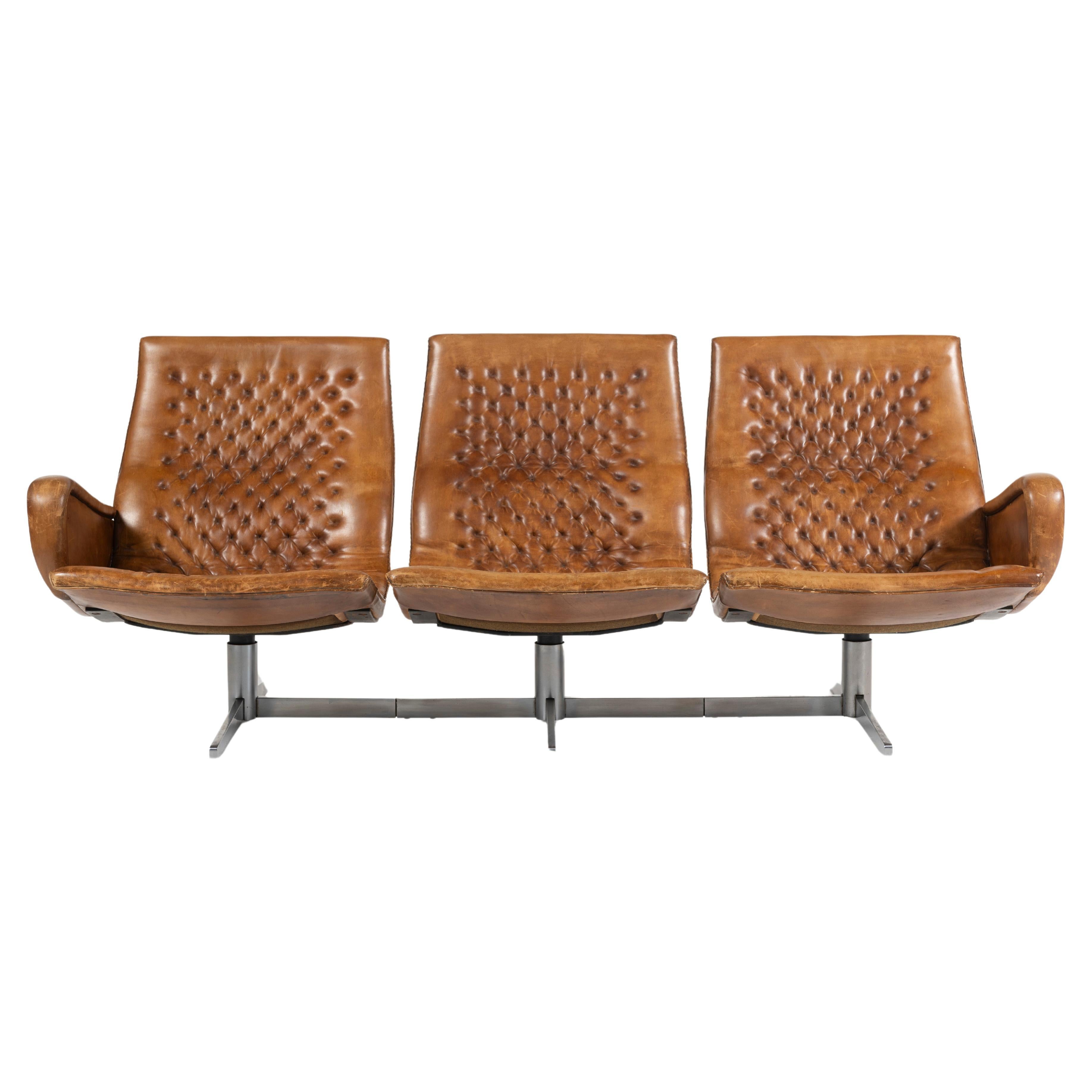 De Sede Three Seat Tufted Sofa in Teak Leather, Swiss, 1970s For Sale