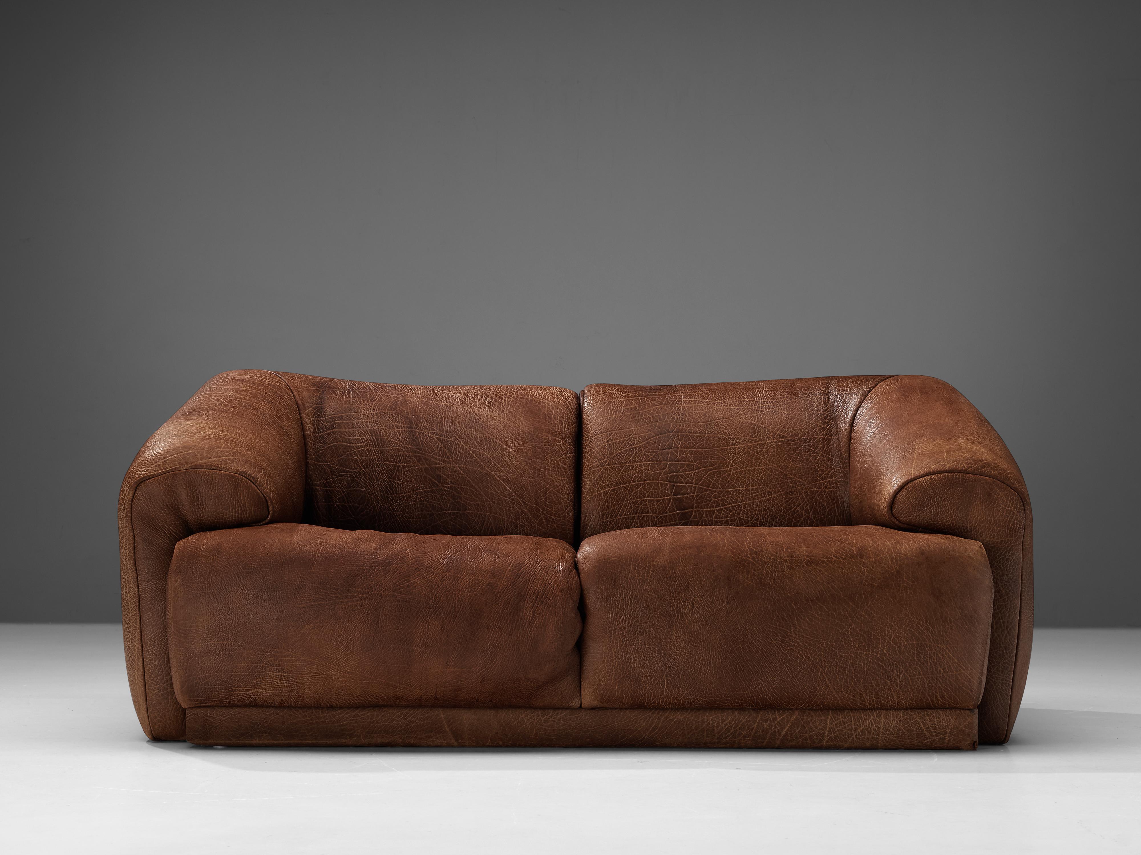 Swiss De Sede Two Seat Sofa in Brown Leather