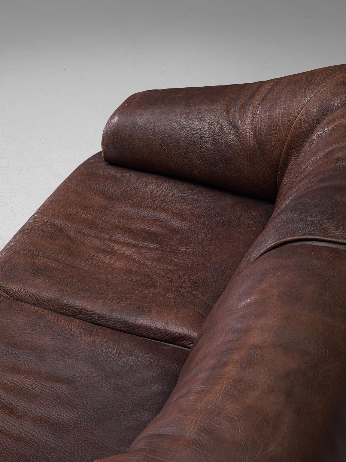 Swiss De Sede Two-Seat Sofa in Dark Brown Buffalo Leather