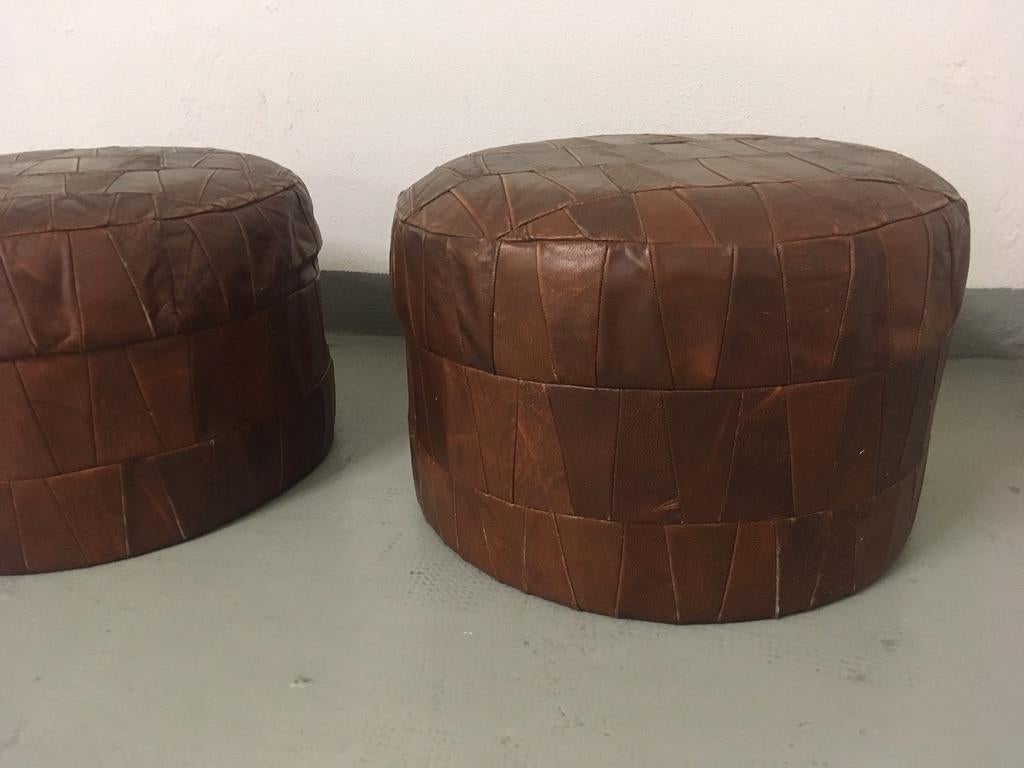 De Sede Vintage Pair of Brown Patchwork Leather Poufs or Ottoman, 1970 In Good Condition In Geneva, CH