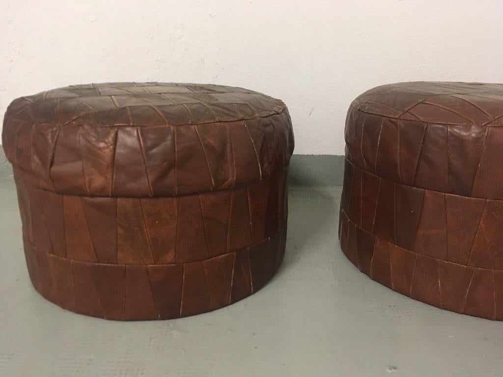 Late 20th Century De Sede Vintage Pair of Brown Patchwork Leather Poufs or Ottoman, 1970