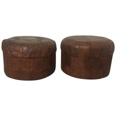 De Sede Vintage Pair of Brown Patchwork Leather Poufs or Ottoman, 1970