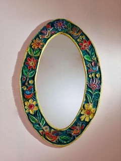 Miroir ovale De Simone avec cadre en céramique polychrome, Italie, années 1950