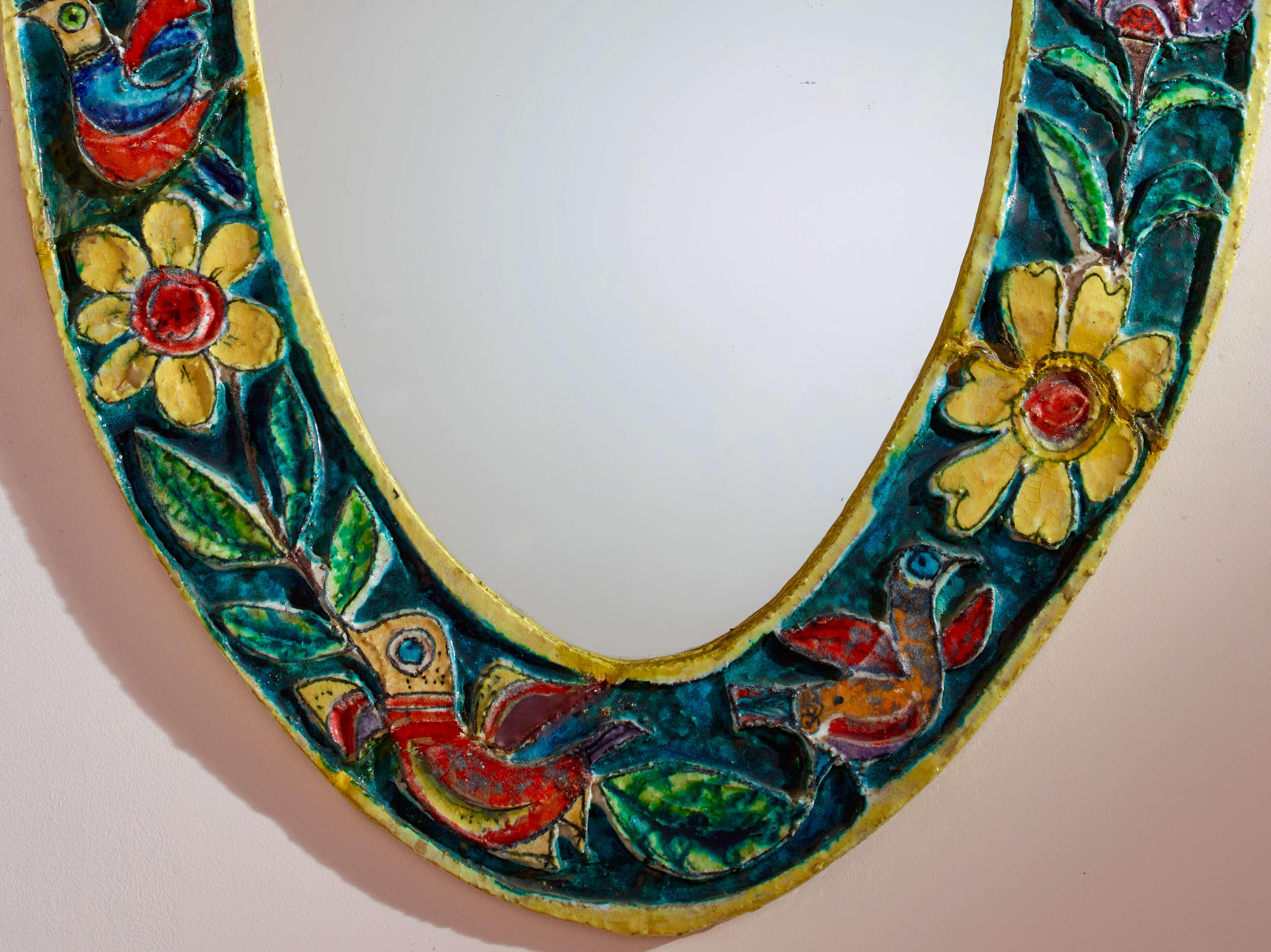 Miroir ovale De Simone avec cadre en céramique polychrome, Italie, années 1950 Bon état - En vente à Chiavari, Liguria